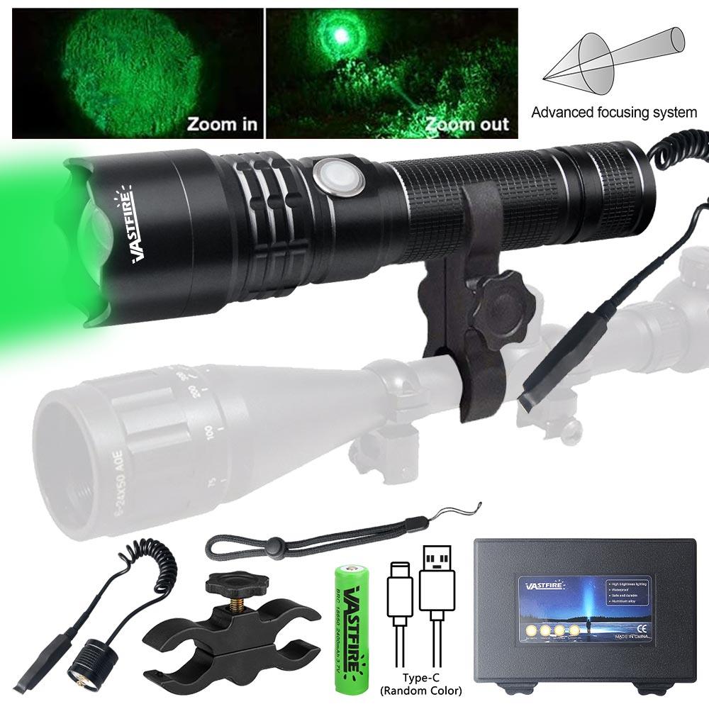 LED Tactical Hunting Flashlight Green Light USB Rechargeable Waterproof Torch Lamp Professional Shooting Night Scout Lights Set