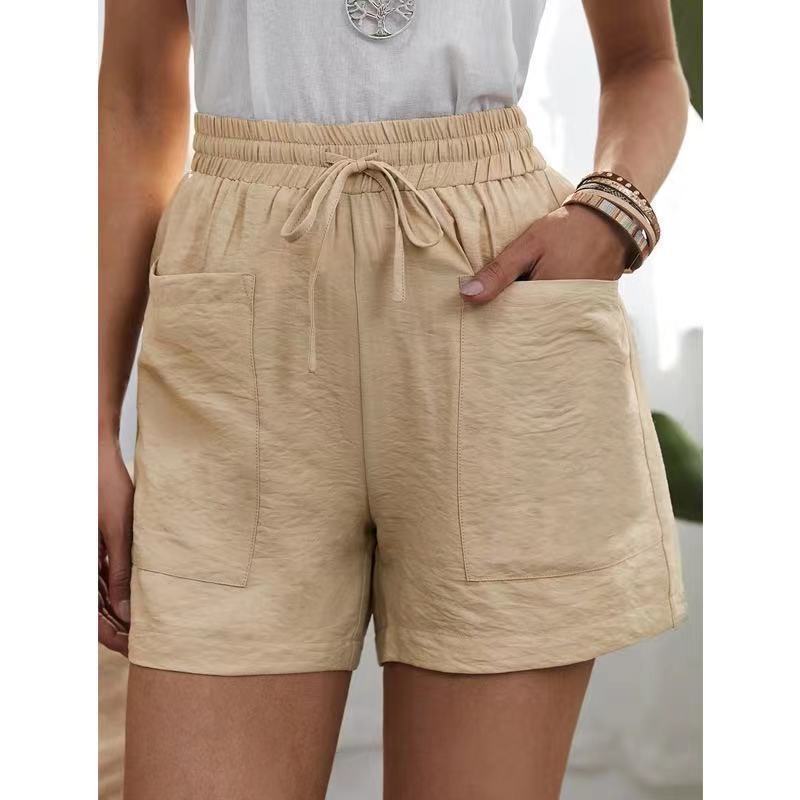 New women's linen wide-legged shorts - summer casual sports high-waisted large size loose solid color with pockets