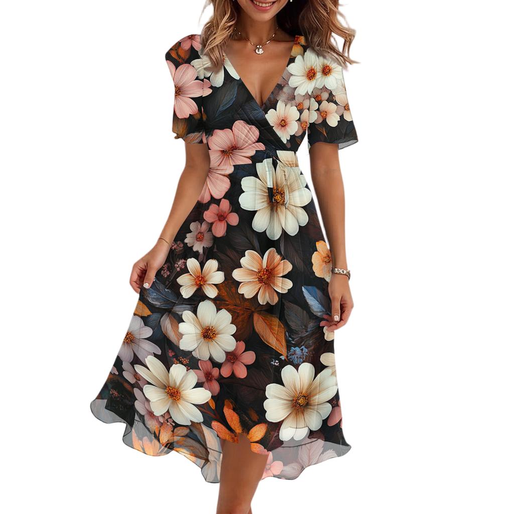 Women V Neck Short Sleeve Casual Dress Floral Print Vintage Style Midi Dress Lightweight Summer Dress for Daily Wear