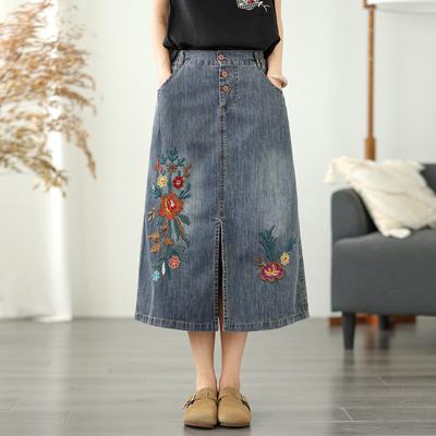 Sommer Stickerei Blume Halbelastischer Bund Knopf Jeansrock