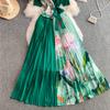 Summer Women Casual Plus Size Miyake Folds Print Beading Lace-up Oversize Loose Long Maxi Pleated Dresses