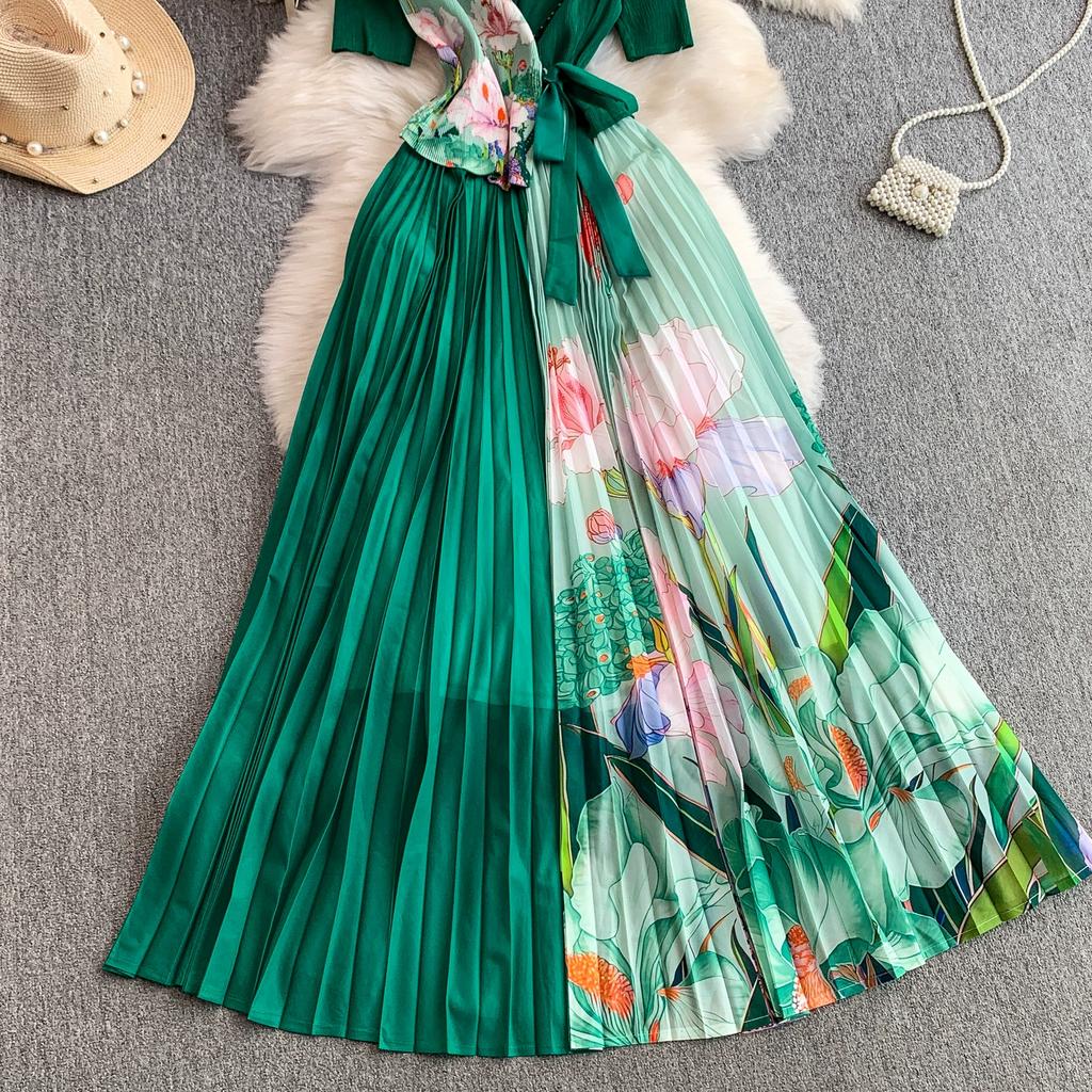 Summer Women Casual Plus Size Miyake Folds Print Beading Lace-up Oversize Loose Long Maxi Pleated Dresses
