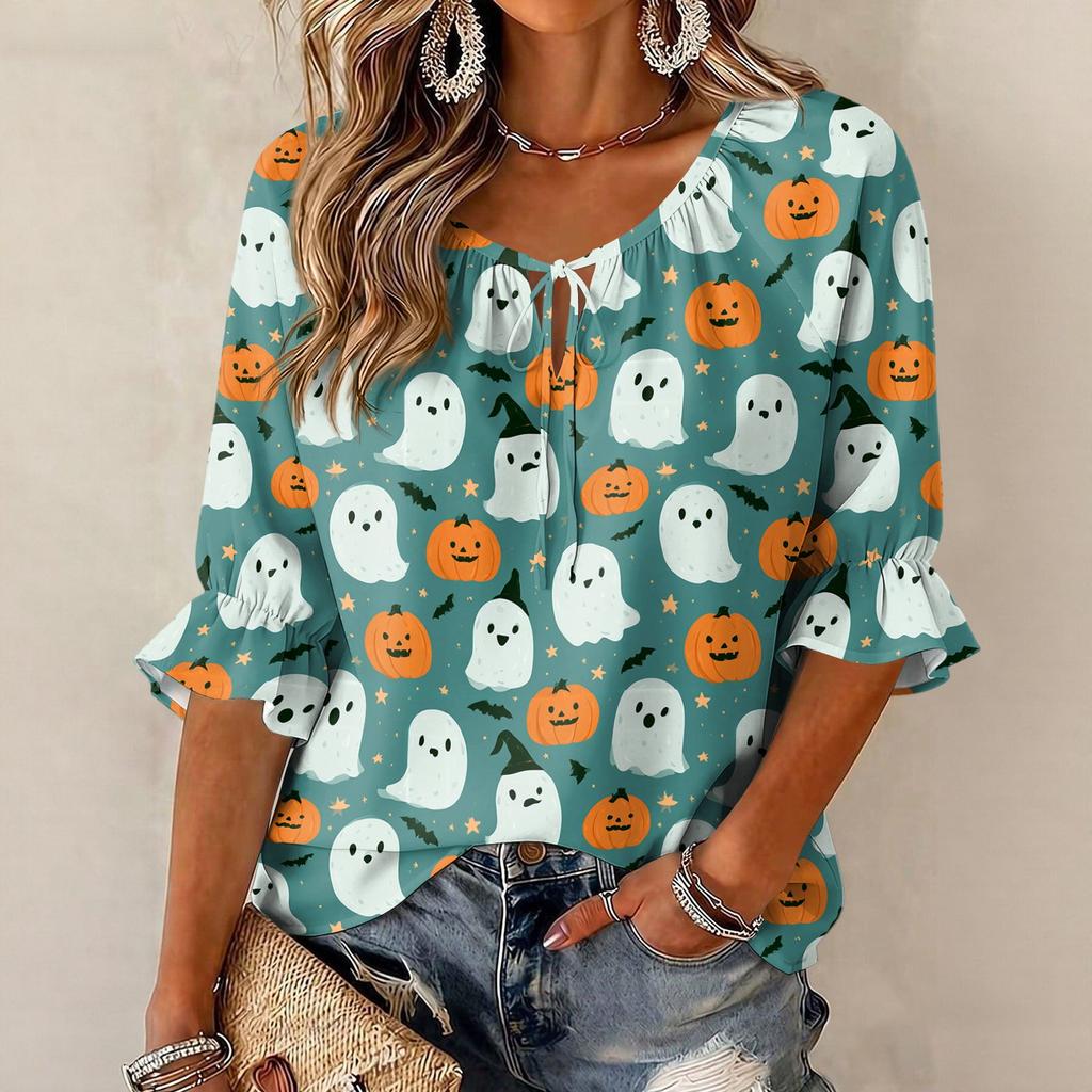 Women's Halloween Print Round Neck Tie Front Ruffle Blouse Three-Quarter Sleeves