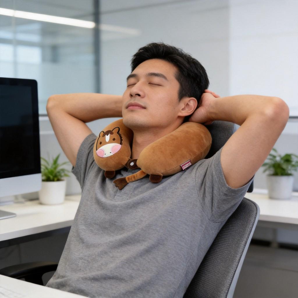 Cuscino per il collo a forma di U in memory foam con cartone animato di pony e fodera morbida elasticizzata per adulti