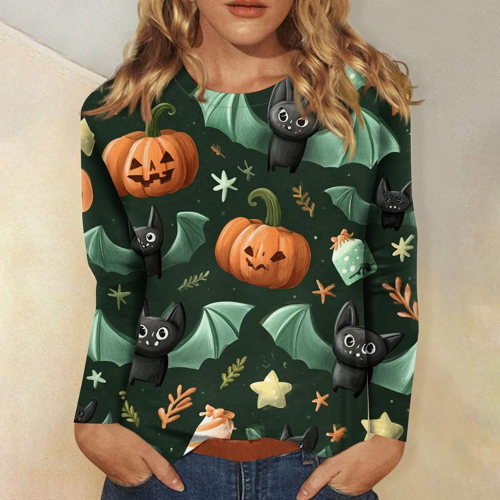 Women's Long-sleeved Loose-necked Halloween Print Casual Top, Suitable for Holiday Parties