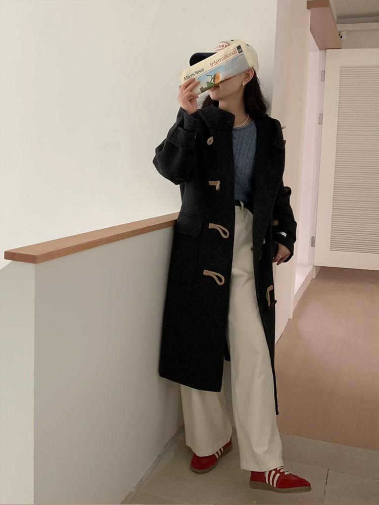 

Hooded double-sided woolen coat women s autumn and winter new wooden horn buckle long high-end woolen coat M