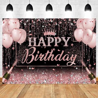 Black Pink Adult Birthday Background Banner Gold Glitter Balloon Party Decor Family Portrait Photography Backdrop Birthday Decor