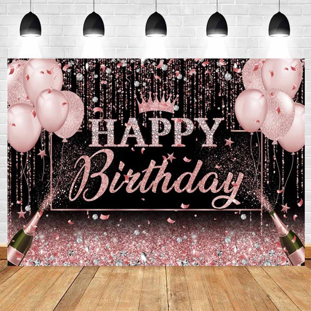 Black Pink Adult Birthday Background Banner Gold Glitter Balloon Party Decor Family Portrait Photography Backdrop Birthday Decor