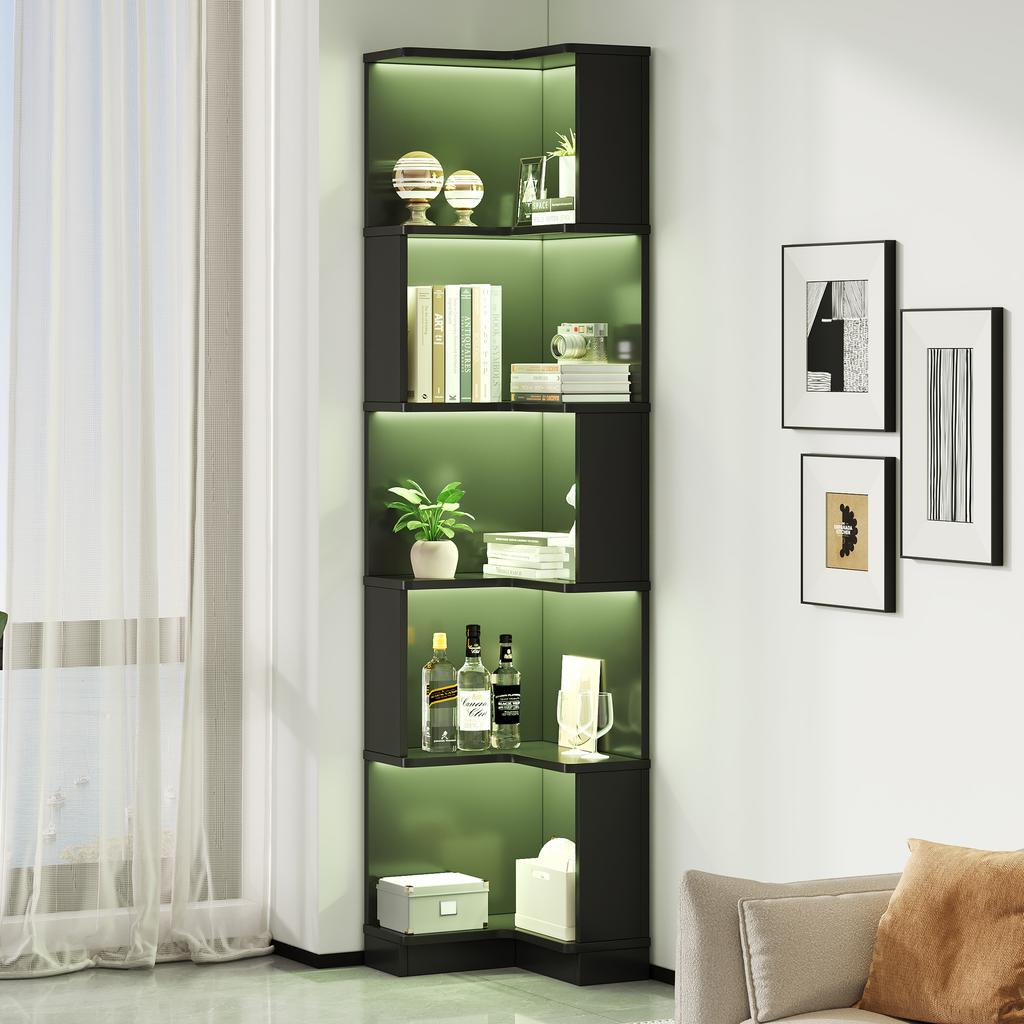 63.5 x 45 x 175cm Corner Bookshelf, Multifunctional, L-Shaped, LED Color-Changing Light Strip, App Control, Five-Tier Storage, Black