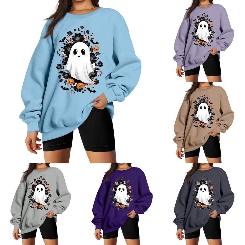 Women's Neck Long Sleeve Casual Loose Fit Sweatshirt Pullover with Color or Small Halloween Print