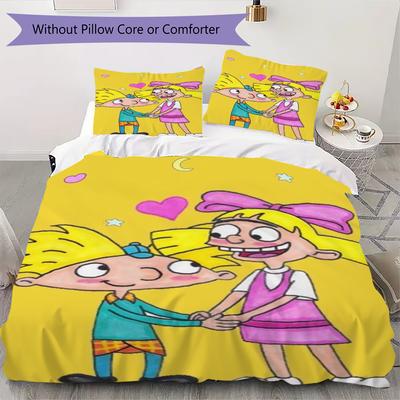 Hey Arnold Pattern Bedding,Quilt Set Quilt Cover Pillowcase Home Birthday Gift(1 * Duvet Cover + 2 * Pillowcase, Without Core)_lx