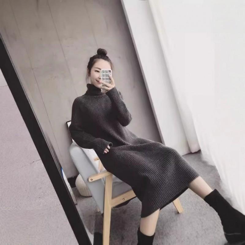 Womens High Neck Long Knit Dress Winter Thick Warm Over-Knee Sweater Pure Color Straight Cut Midi To Maxi