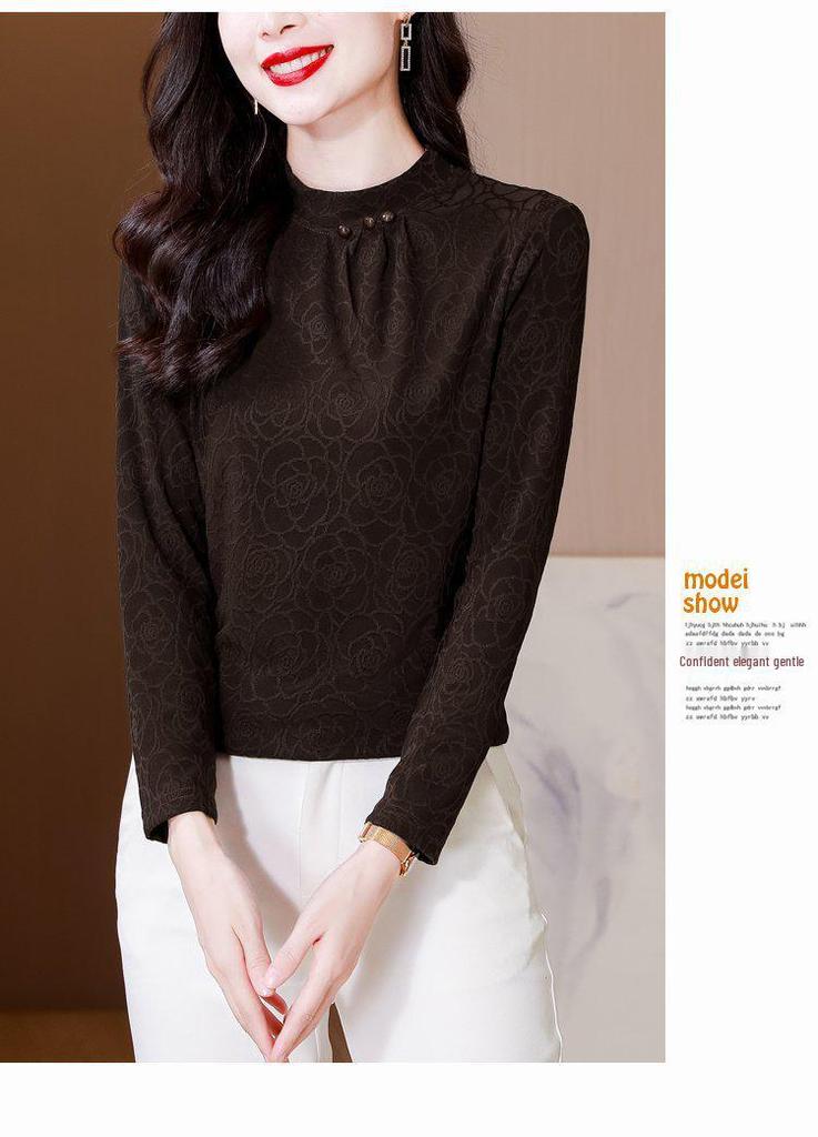 Elegant Retro Lace High-Neck Long Sleeve Women's T-Shirt for Spring