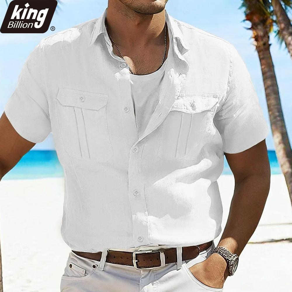 Men's Linen Blend Short Sleeve Button-Up Shirt - Double Chest Pockets Casual Loose Fit Beach Vacation Top In Solid Beige