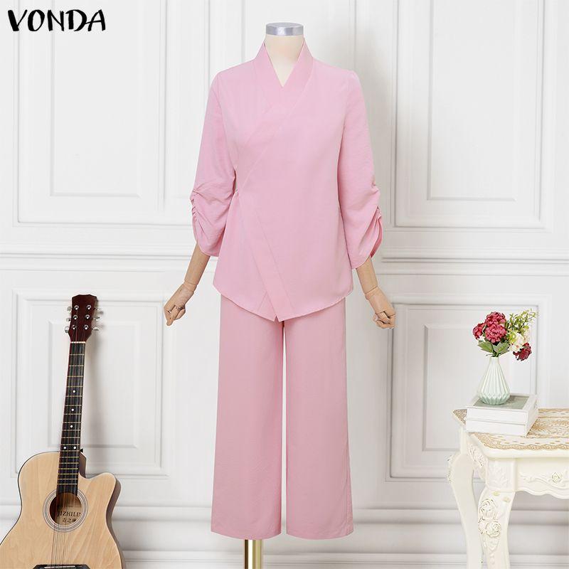 VONDA 2PCS Women Sets Casual Long Sleeve Side Close Blouse and Pants Two Piece Suit