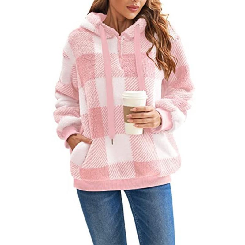Damen S Langarm Kapuzen Plüsch Kariert Pullover Sweatshirt