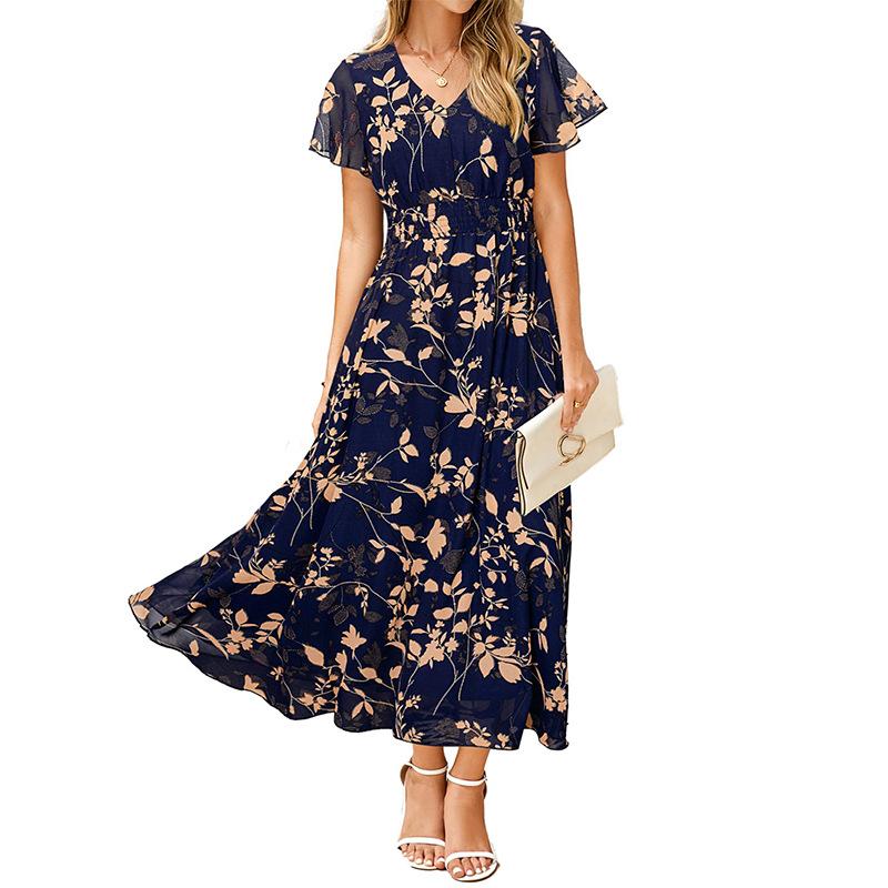 European and American Women's Clothing Summer New Short-sleeved Printed Chiffon Dress Waist Elegant Long Dress