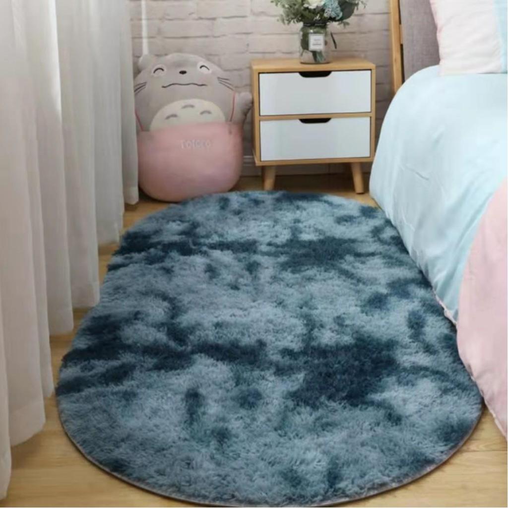 Ins Tie-Dye Oval Silk Wool Rug: Long Pile Carpet for Living Room, Bedroom, Bedside, Cloakroom, Decorative Floor Mat