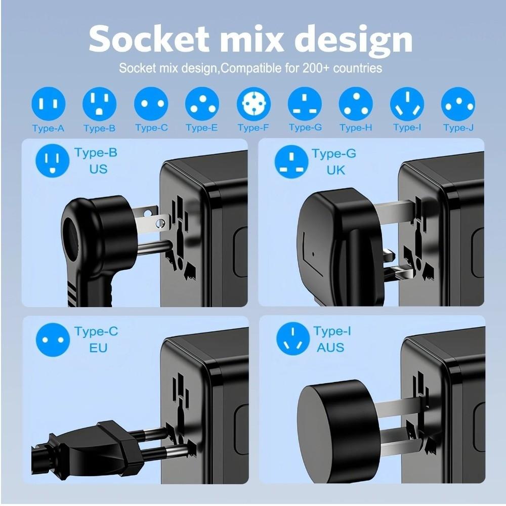 GaN Universal Travel Adapter High Speed Compact Multi-Port Charging Station 2 Type-C 2 USB Ports Self-Resetting Fuse