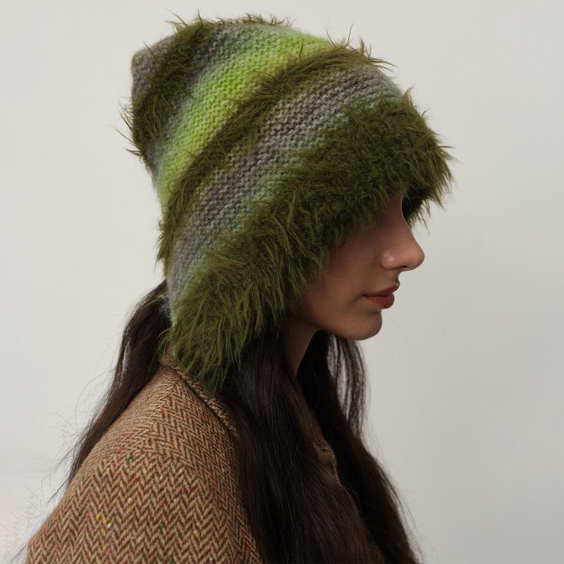 

Plush gradual change knitted hat long braid cute casual face small warm ear protective wool hat women