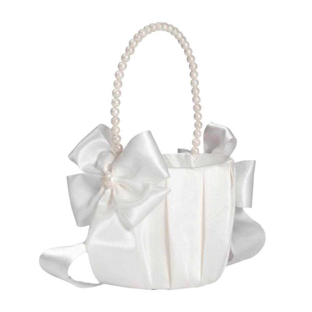 

Rustic Bowknot Pearl Handle Basket Satin White Flower Girl Basket Floral Petals белый