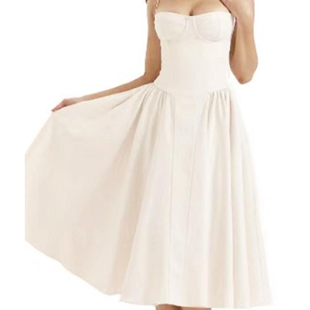 Women's Spaghetti Strap Midi Dress Solid Bustier High Waist Flared Swing Mid-Calf Sundress