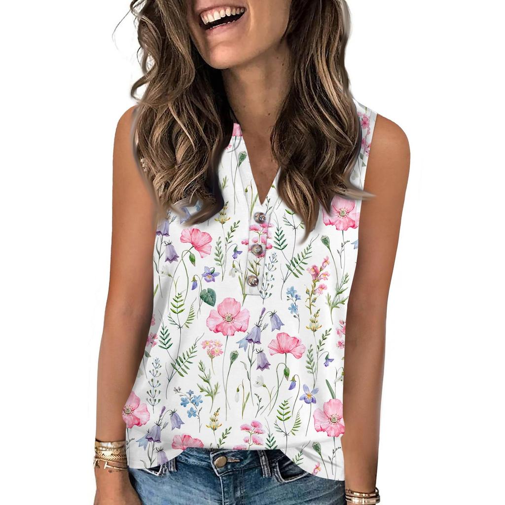 Women's Casual Fashion Summer Vintage Floral Print Tank Top V-neck Sleeveless Button-down Top
