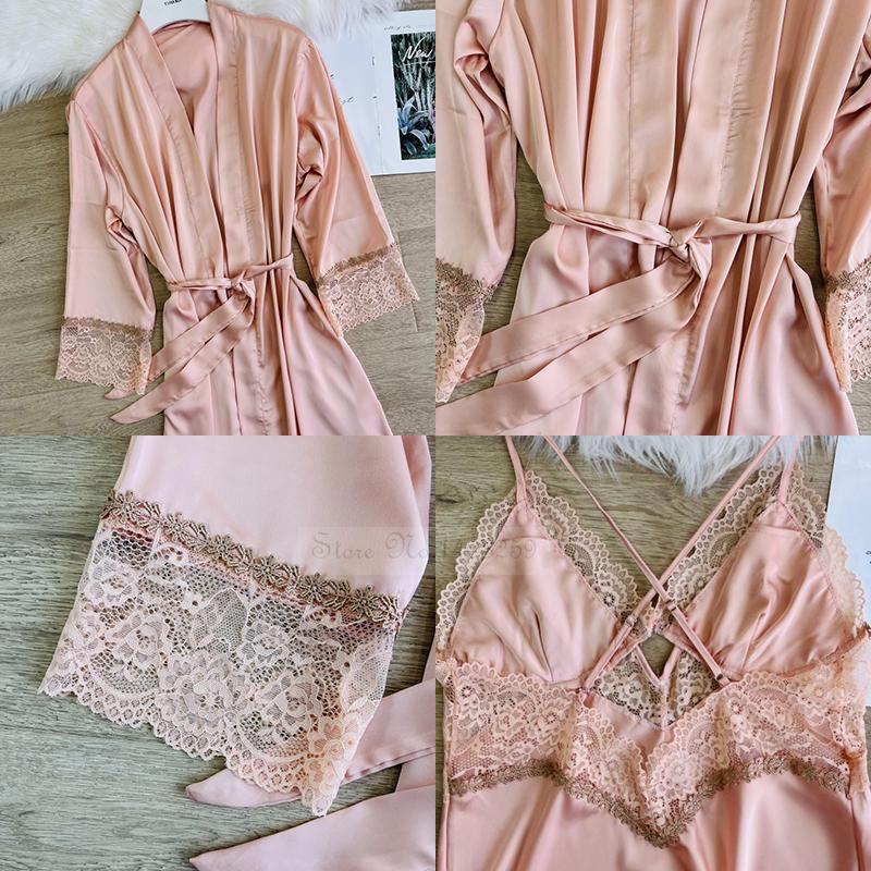 Summer Sexy Two-piece Robe Set for Women Kimono Bathrobe Robe Lace Pajamas Pajamas Loose Rayon Home Wear Casual Wear