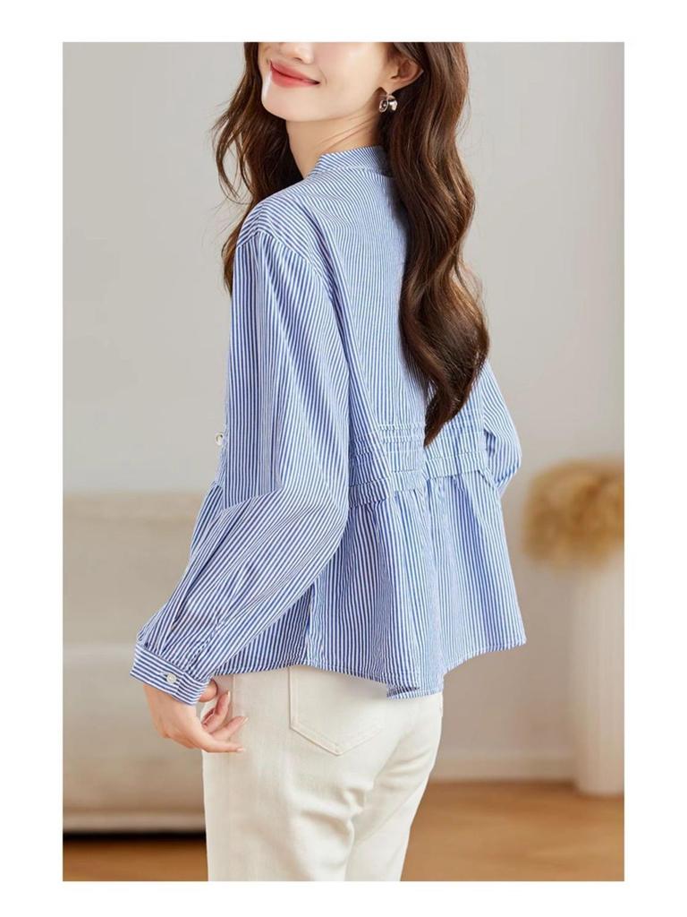 2025 Women's Pure Cotton Striped Long Sleeve Round Neck Shirt – Comfortable, Breathable, Versatile Casual Classic