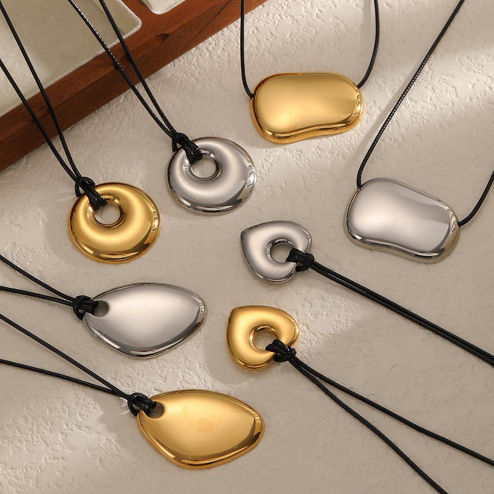Geometric Stainless Steel Pendant Necklace With Adjustable Wax Cord For Unisex Fashion Accessory