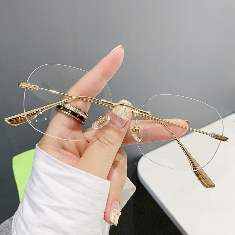Anti-Blue Flat Glasses For Women, Metal Frameless Polygonal Glasses Frame Can Be Equipped With Myopia Glasses Frame