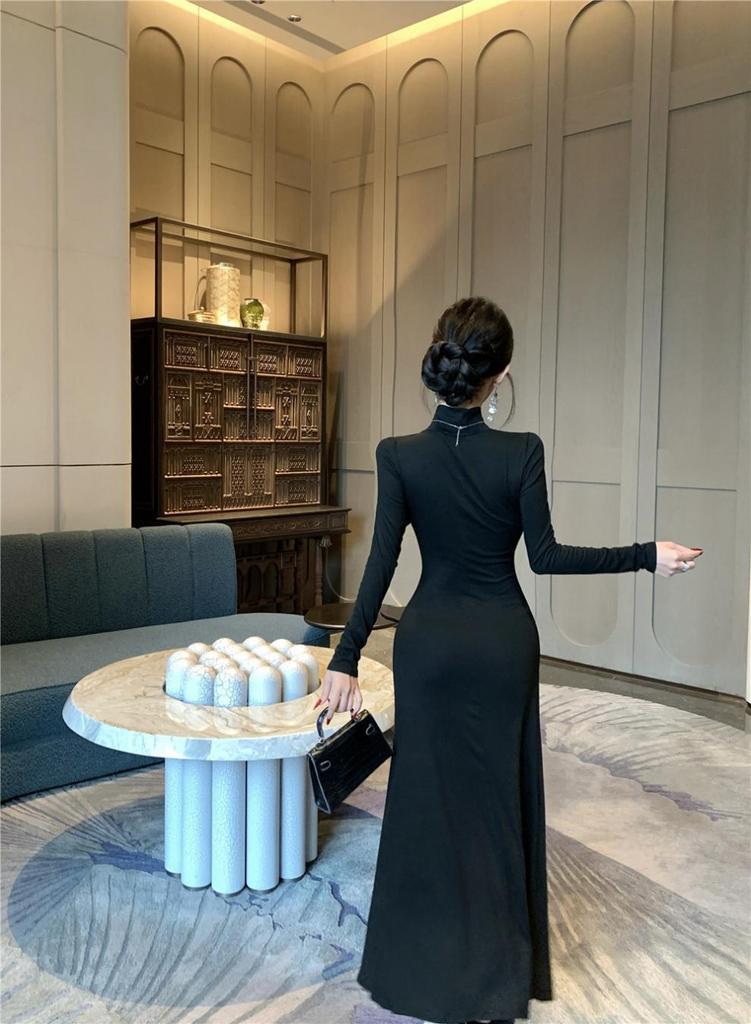 Women's Black Sexy Hollow Long Sleeve Dress with High Collar and Slim Fit