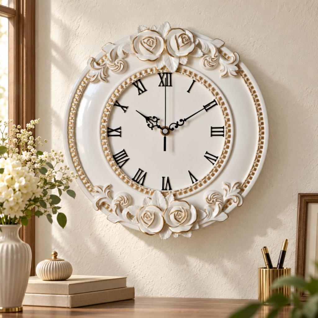 12Inch WallMounted Analog Clock Quiet Decorative Wall with Floral Frame NonTicking Timepiece