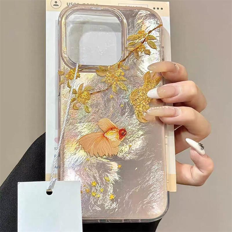 Pevný obal na telefon s texturou zlaté rybky z padlého listí pro IPhone 16 Pro Max 15 14 13 12 11 XS XR X 7 8 16 Plus Nárazuvzdorný kryt
