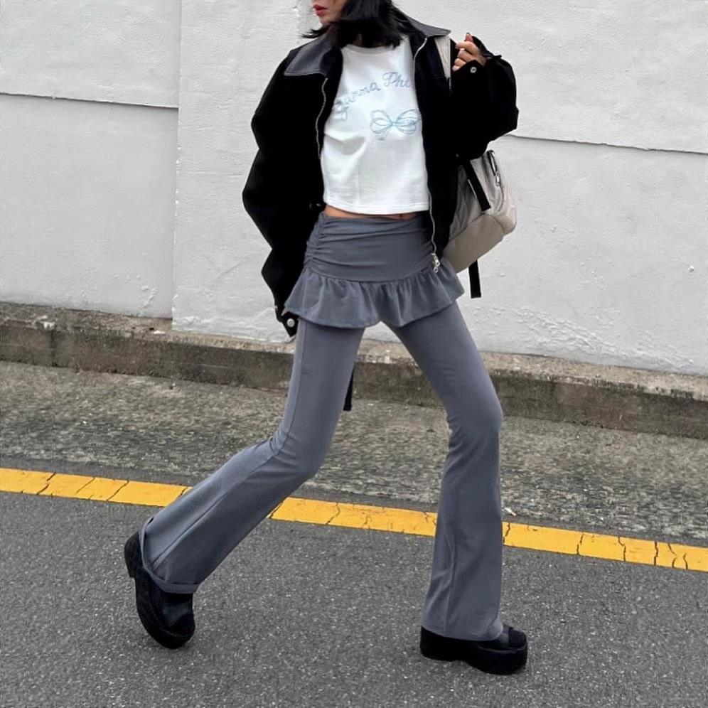 

Korean Ruffle Lace Hem Two-Piece Flare Pants Skirt Set - Solid Color Streetwear One Size темно-серого