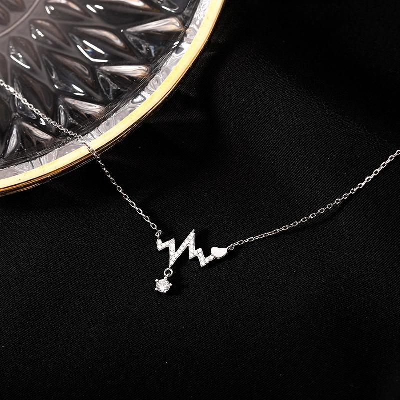 FY-1608 925 Sterling Silver Rhodium Plated Cute Christian Heartbeat Electrocardiogram Rope Chain Women's Pendant Necklace