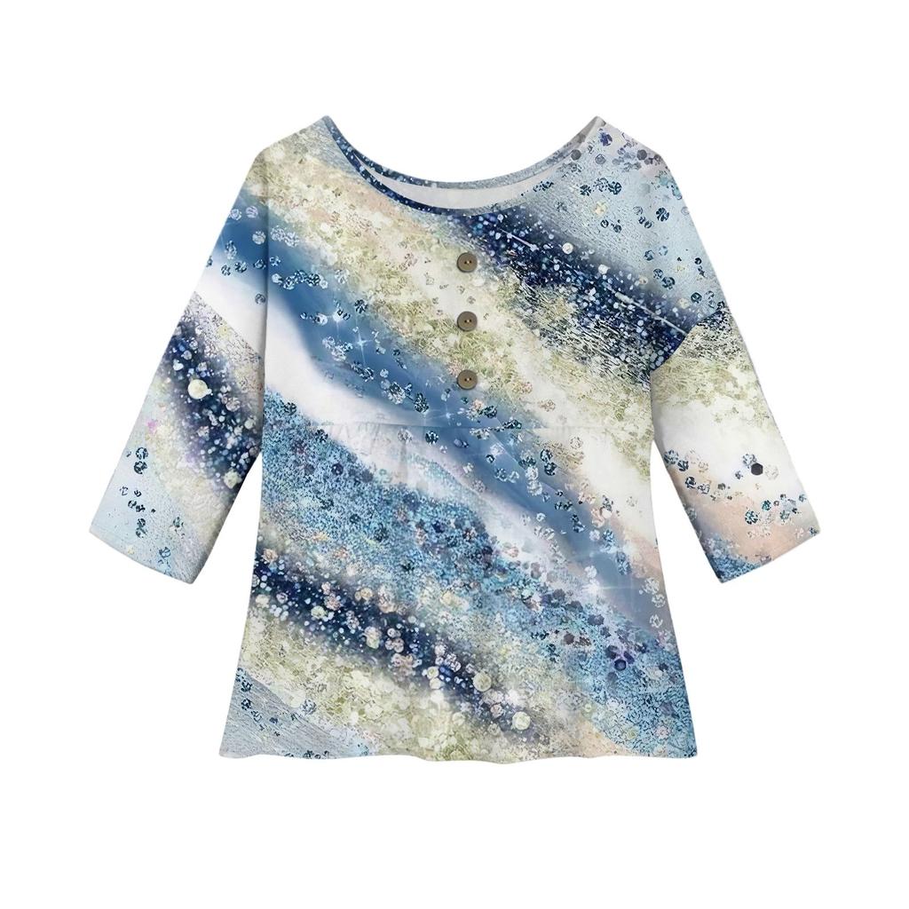 Women's Fashion Casual Three-quarter Sleeve Loose Round Neck Button Floral Print Top