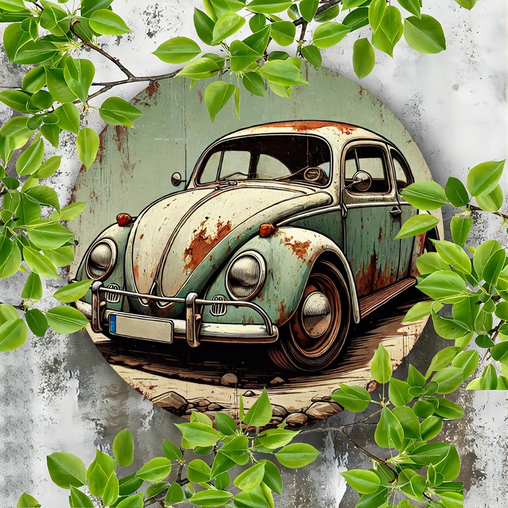 Vintage Rust Beetle 8x8 Inch Round Aluminum Sign