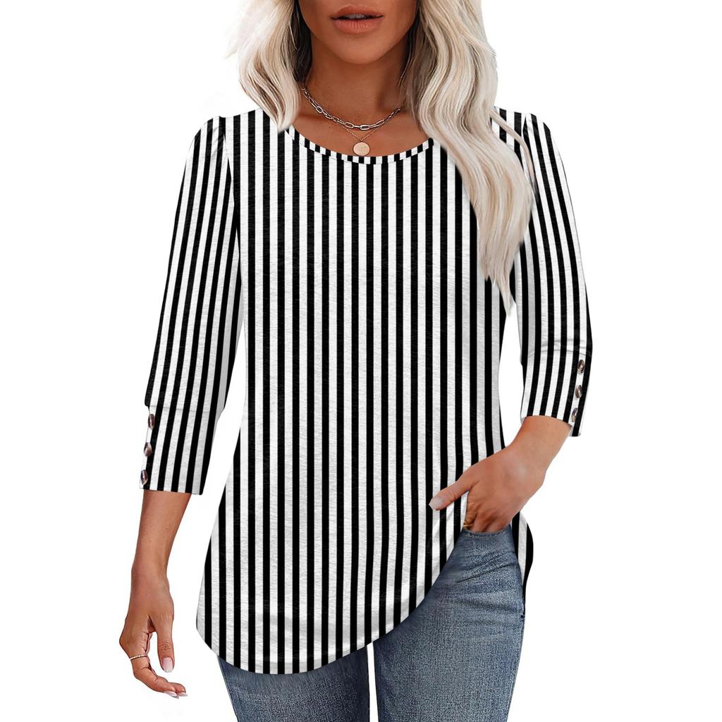 Women Casual Loose Fit Round Neck Three Quarter Sleeve Striped Blouse Button Detail Lightweight Top for Everyday Wear