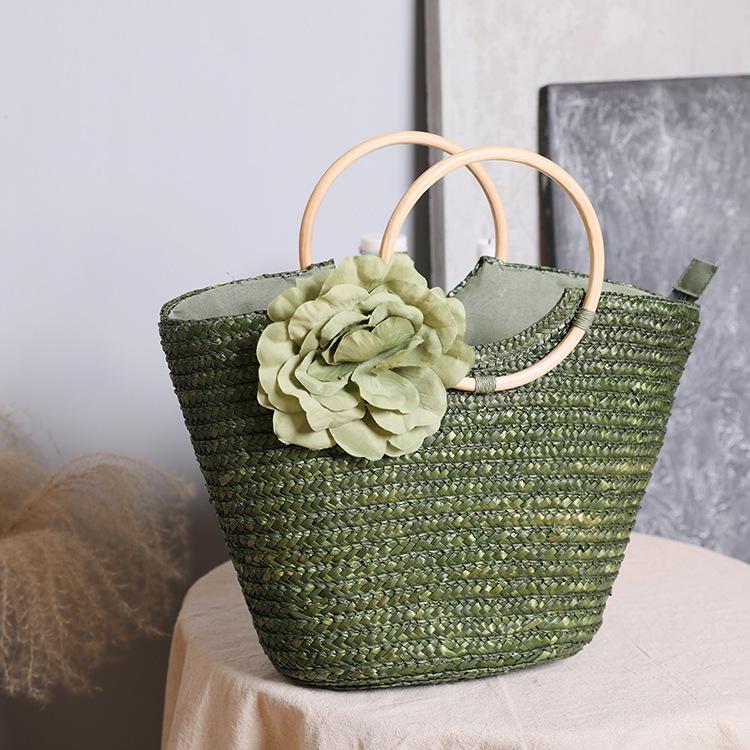 2025 Wheat Straw Braided Handbag with Wooden Handle - Women's Pastoral Ins Mori Girl Style