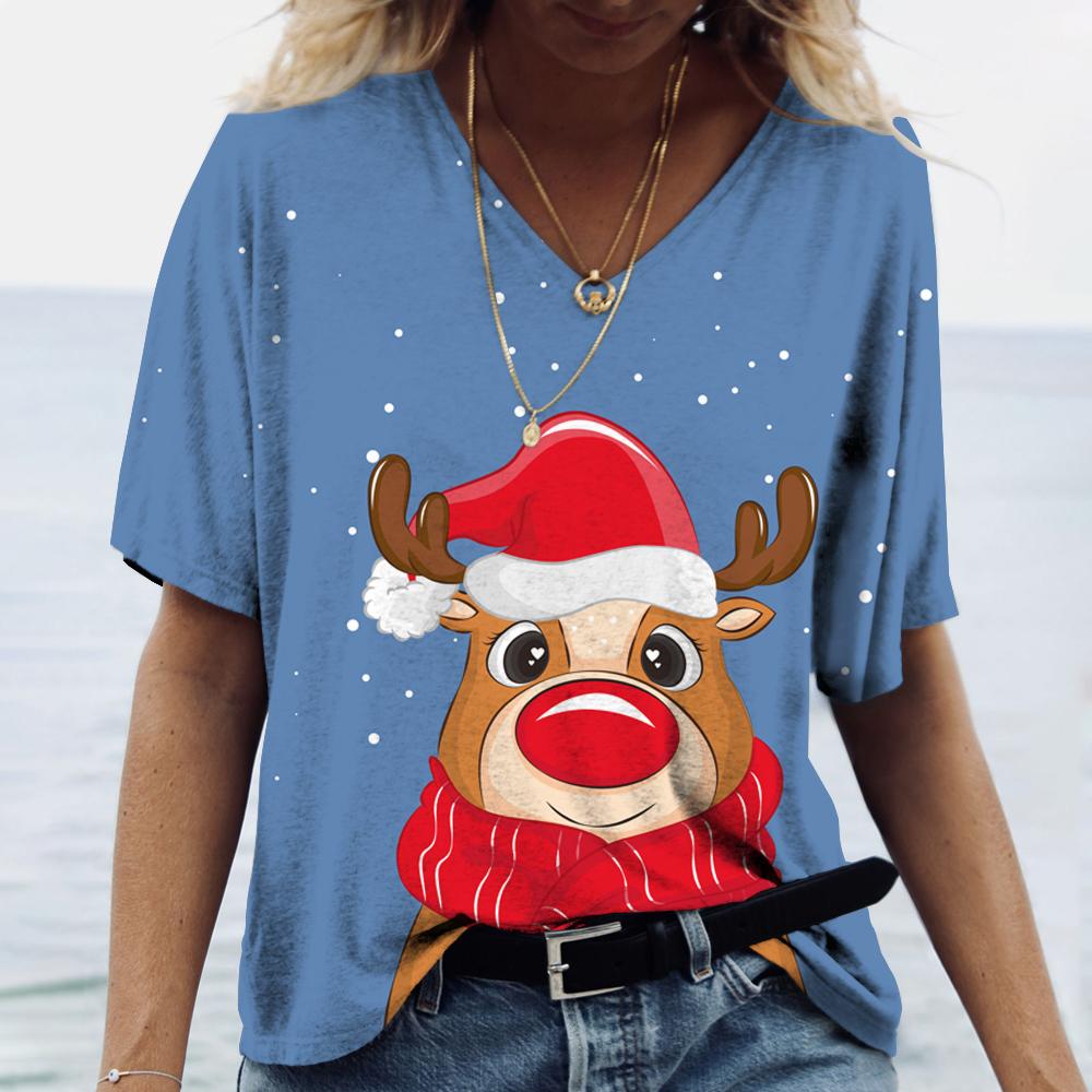 Plus Size 6XL Merry Christmas Women's Short sleeved V-neck T-shirt Christmas Tree Santa Claus Letter Print Simple Trendy Trend Women Clothing