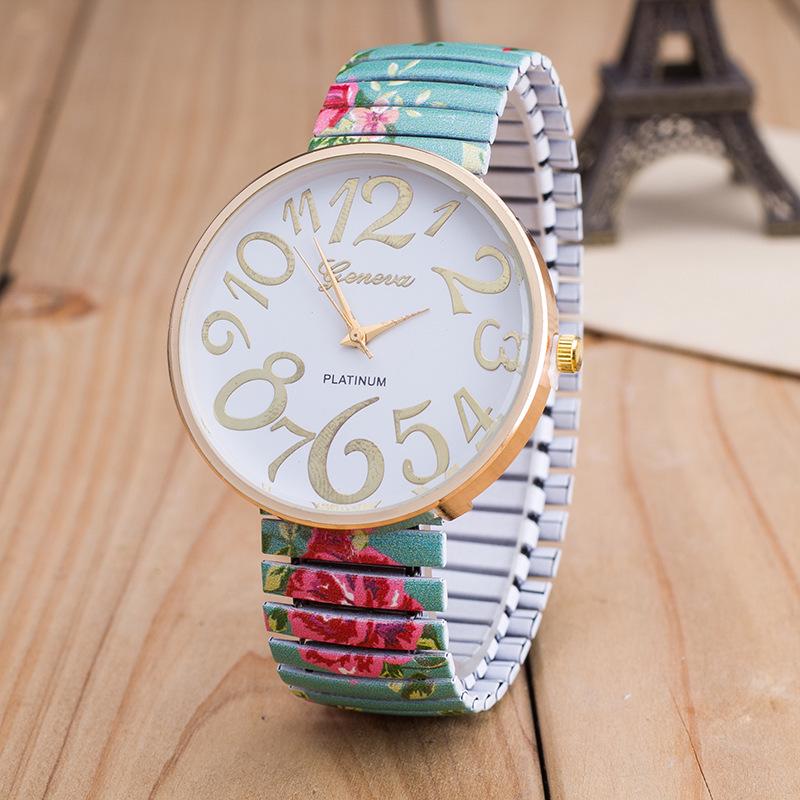 Reloj de Moda para Mujer con Correa Elástica de Color Estampado y Números Grandes
