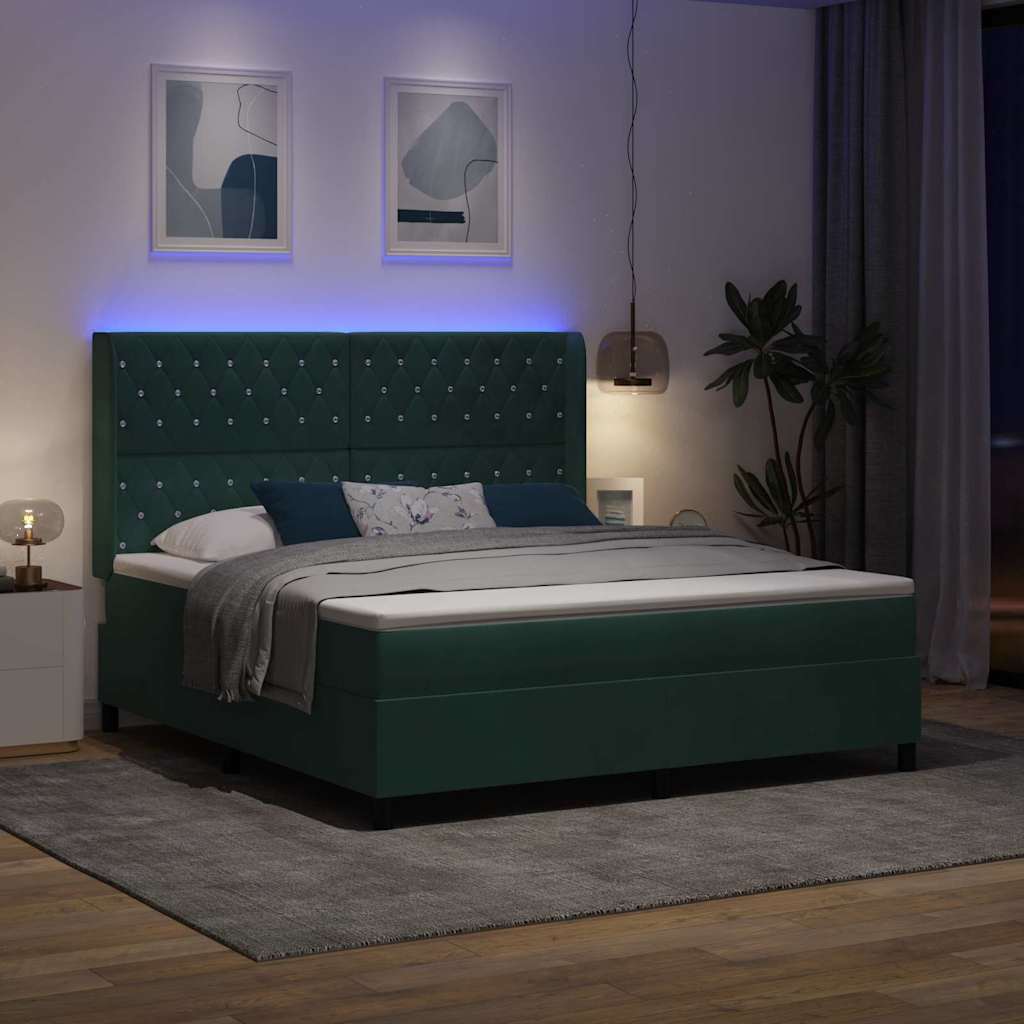 Box Spring Bed with Mattress and LED Dark Green 180 X 200 Cm Velvet