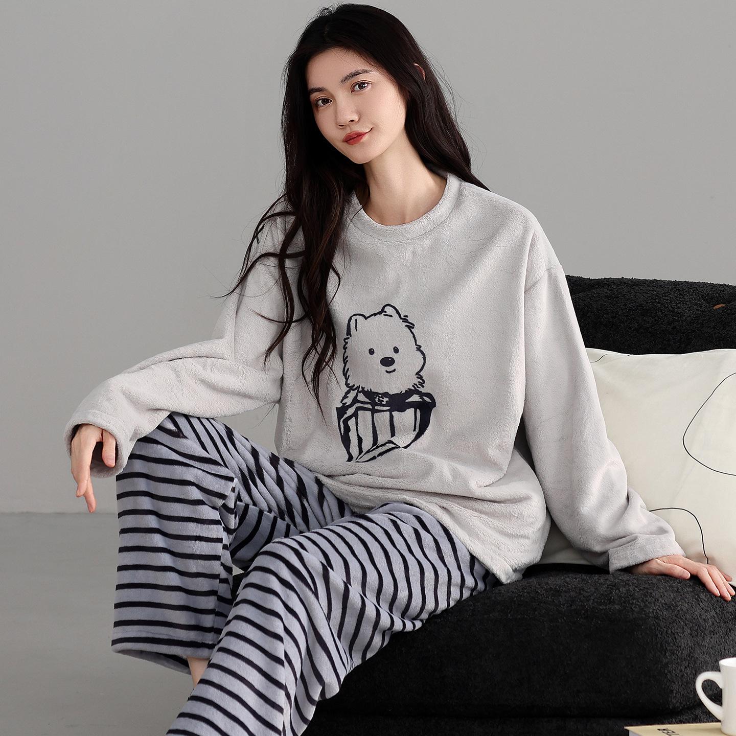 

Пижама из кораллового флиса женская осенне-зимняя утолщенная флисовая теплая фланелевая милая мультяшная домашняя одежда комплект 2XL