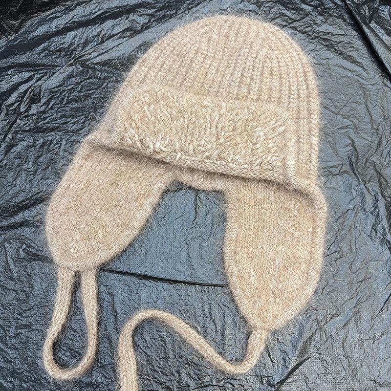 Plush ear protection Lei Feng hat women's winter angora rabbit fur knitted hat cold-proof lace-up warm wool hat