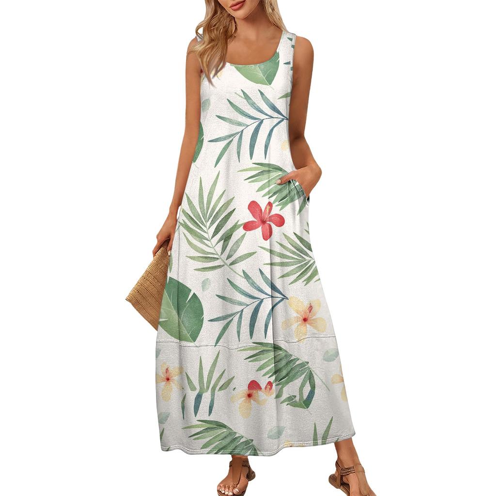 Damen Sommer Mode Rundhals Ärmellos Strandkleid Kleider mit Blumendruck