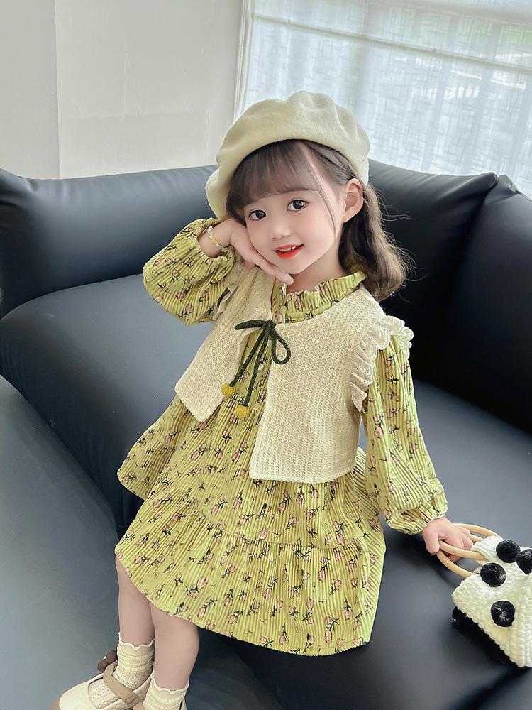 Girls' Stylish Princess Vest Dress Set – Long-Sleeve Floral for Spring & Autumn 2025