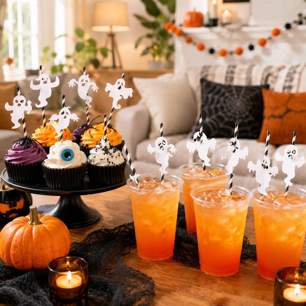 Ghost Shaped Straw Decorations Set with Multiple Designs for Party Drink Accessories Halloween Themed Straw Toppers