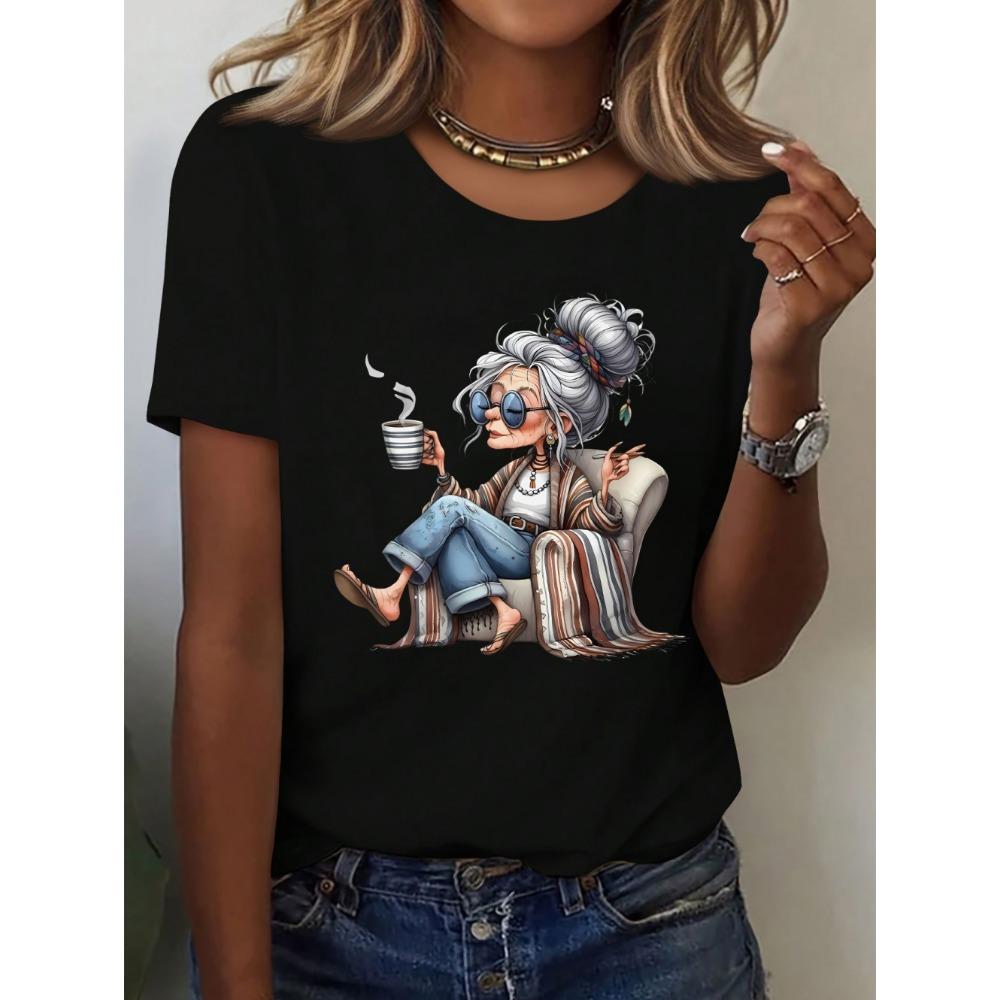 

Elegant Granny Graphic Print Women s Summer Casual Short Sleeved T-Shirt Cute Playful Round Neck Tees Top Casual Woman Clothes S