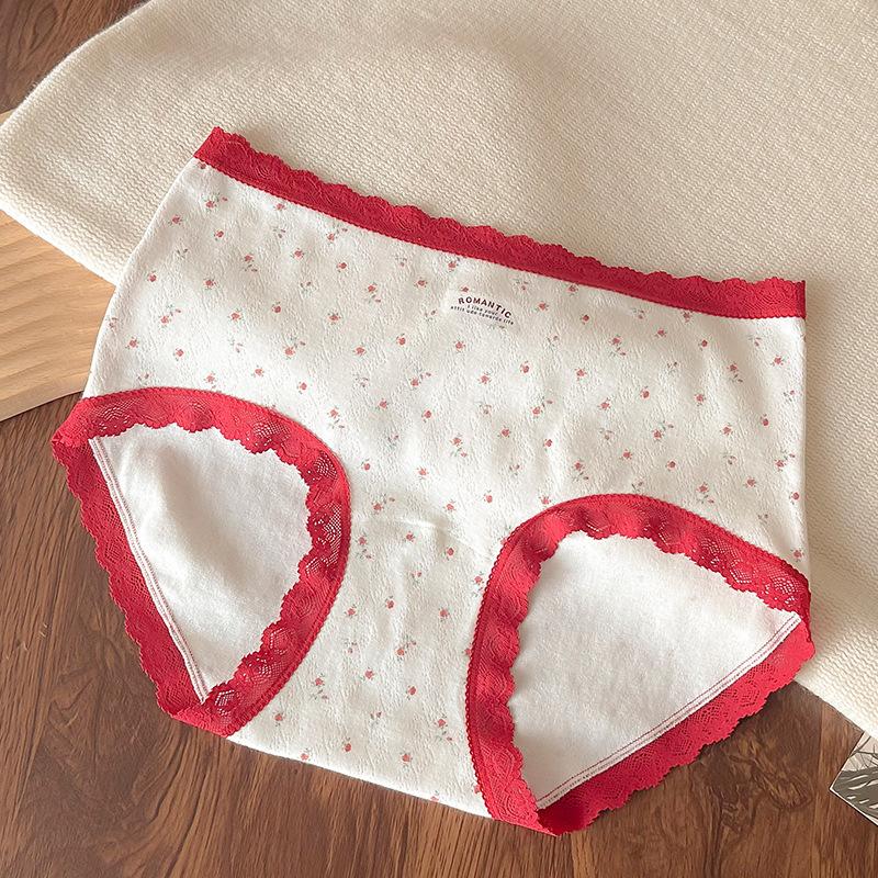 Plus Size Ladies Spring and Autumn Vintage Plaid Bow Lace Cotton Mid Waist Briefs